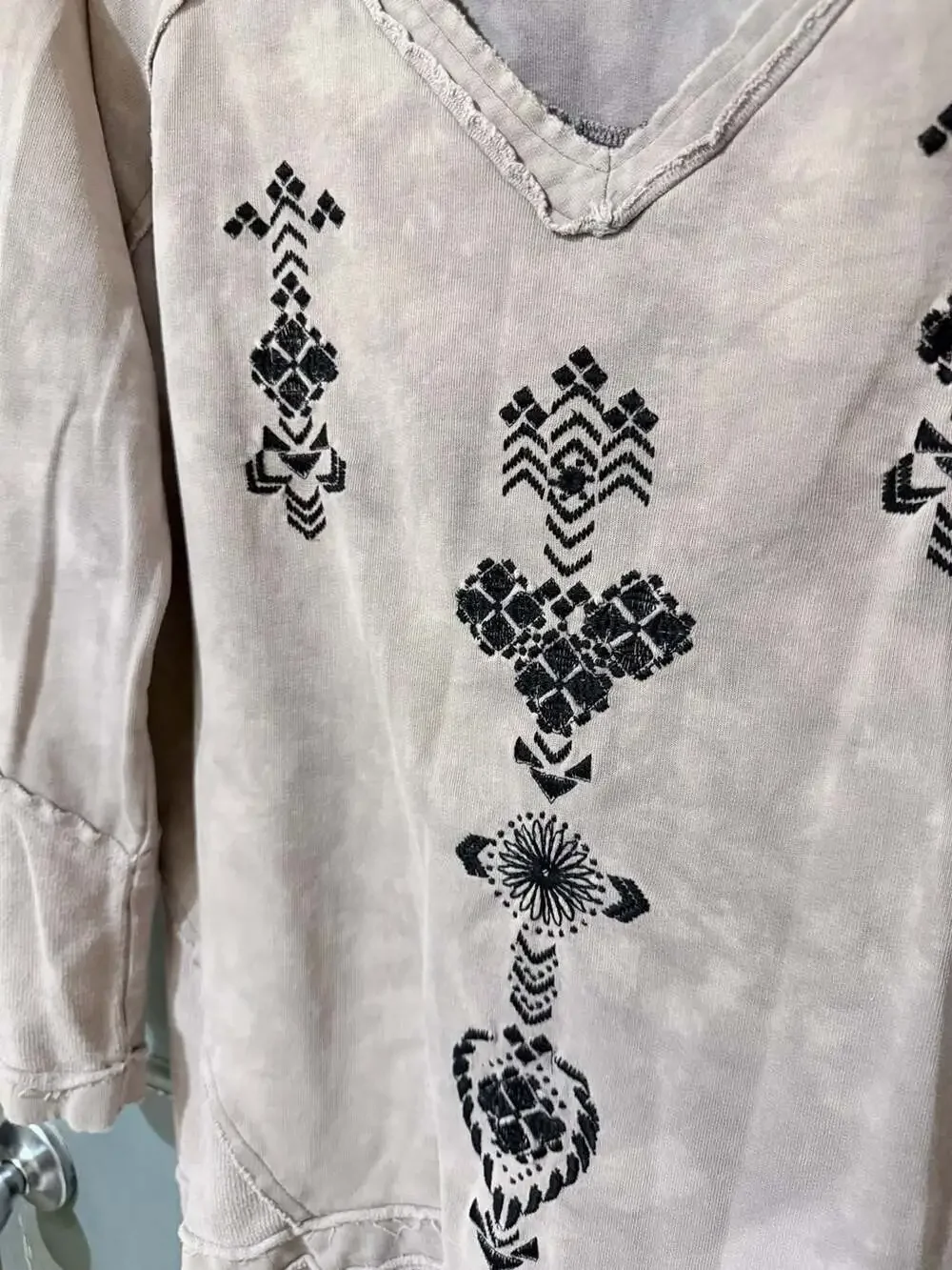 Free People Embroidered V-Neck Raw Hem Tie-Dye Pullover